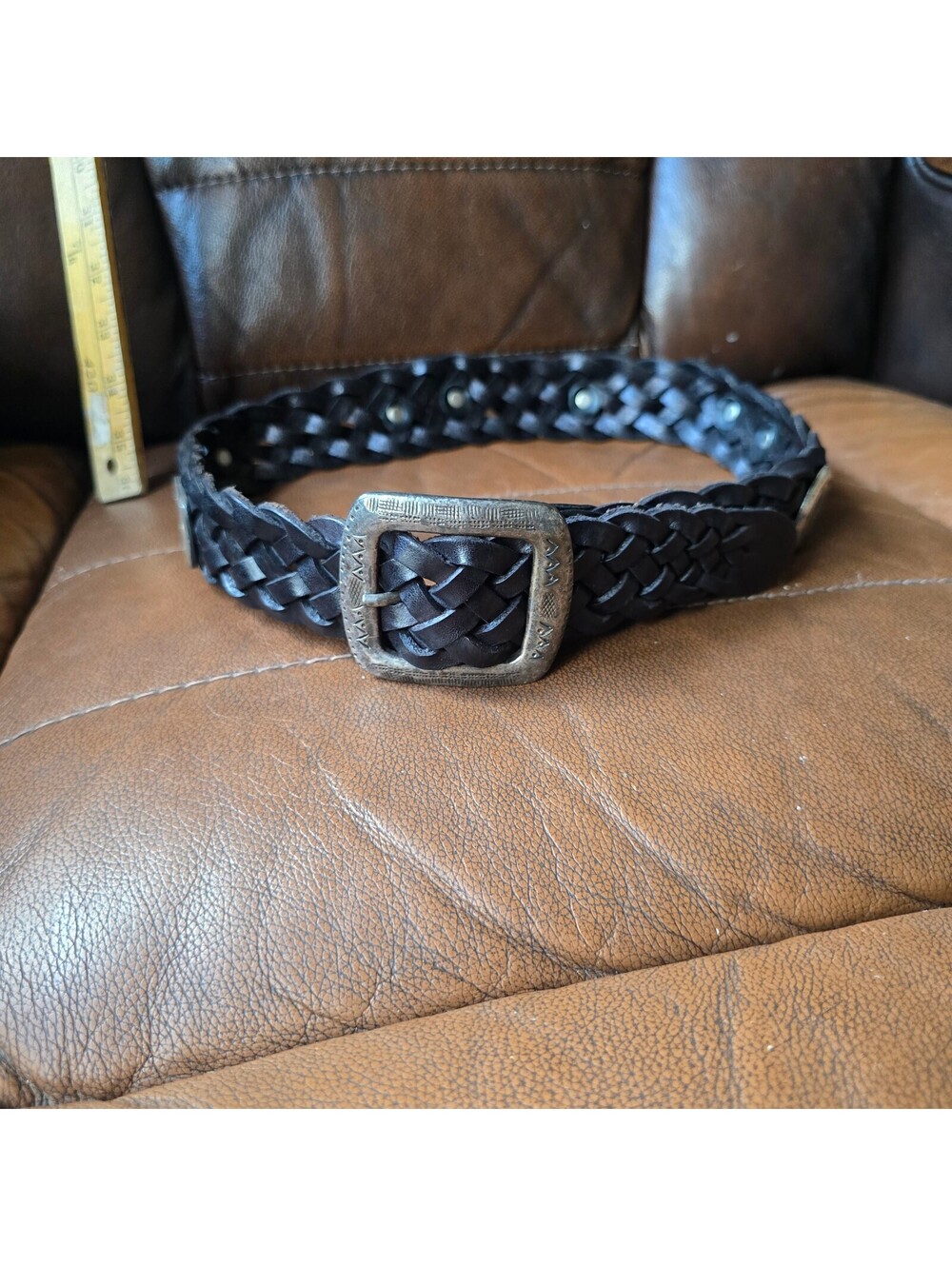 Vintage Italian Leather Belt Braided Woven Black Silver Buckle Concho Boho Small